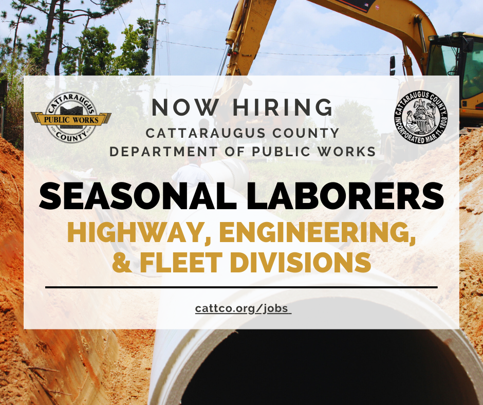 A job posting requests applicants for Seasonal Laborers at various locations for the 2024 construction season (Cattaraugus County Department of Public Works).