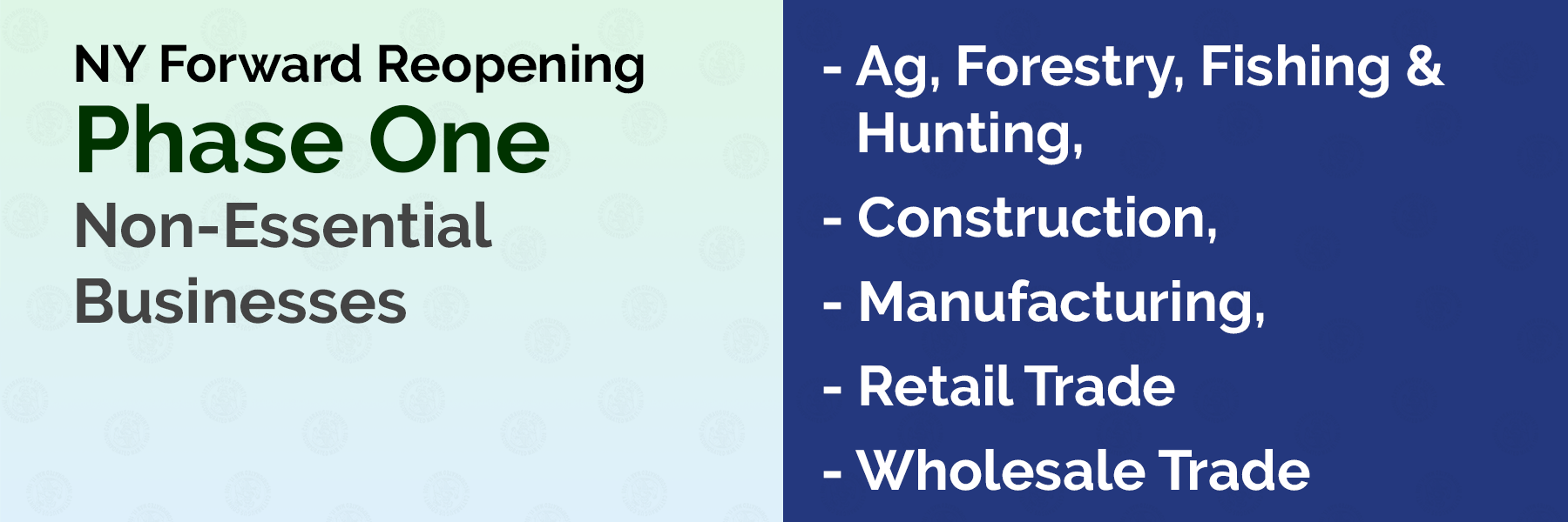 NY Forward Reopening Phase One, Non-Essential Businesses: Ag, Forestry, Fishing & Hunting, Construction, Manufacturing, Retail Trade, Wholesale Trade