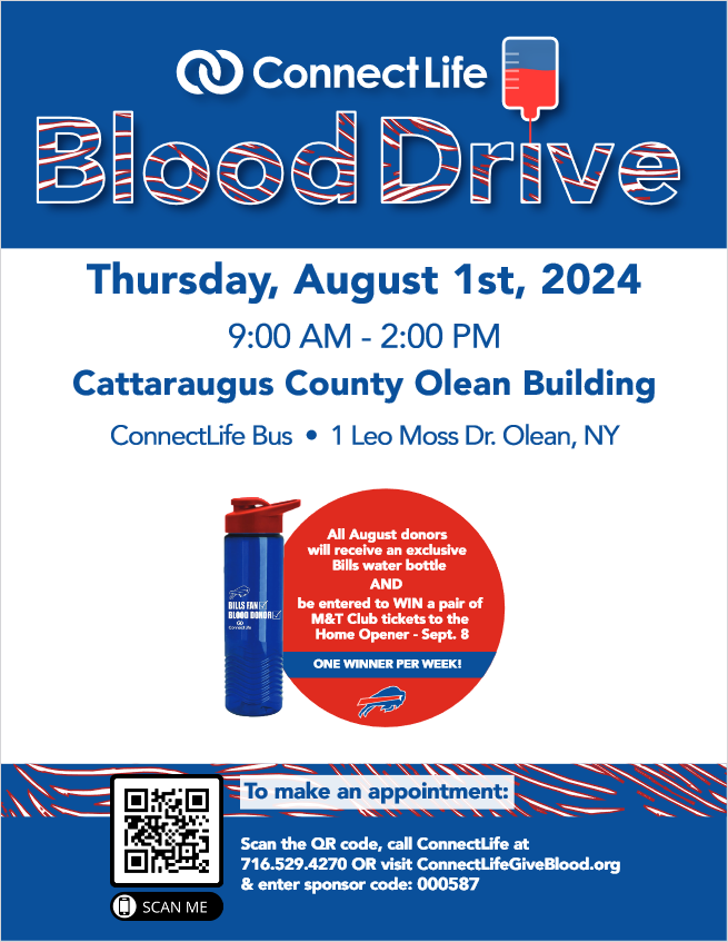 Flyer for Blood Drive on the ConnectLife Bus at the Olean County Building on 2024-08-01
