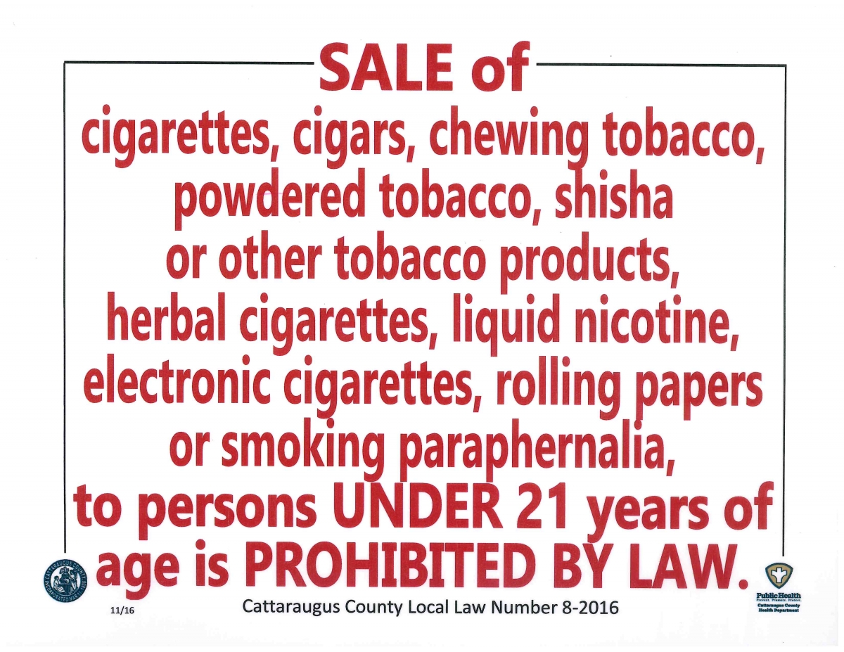 Sign for tobacco 21 law in Cattaraugus County 
