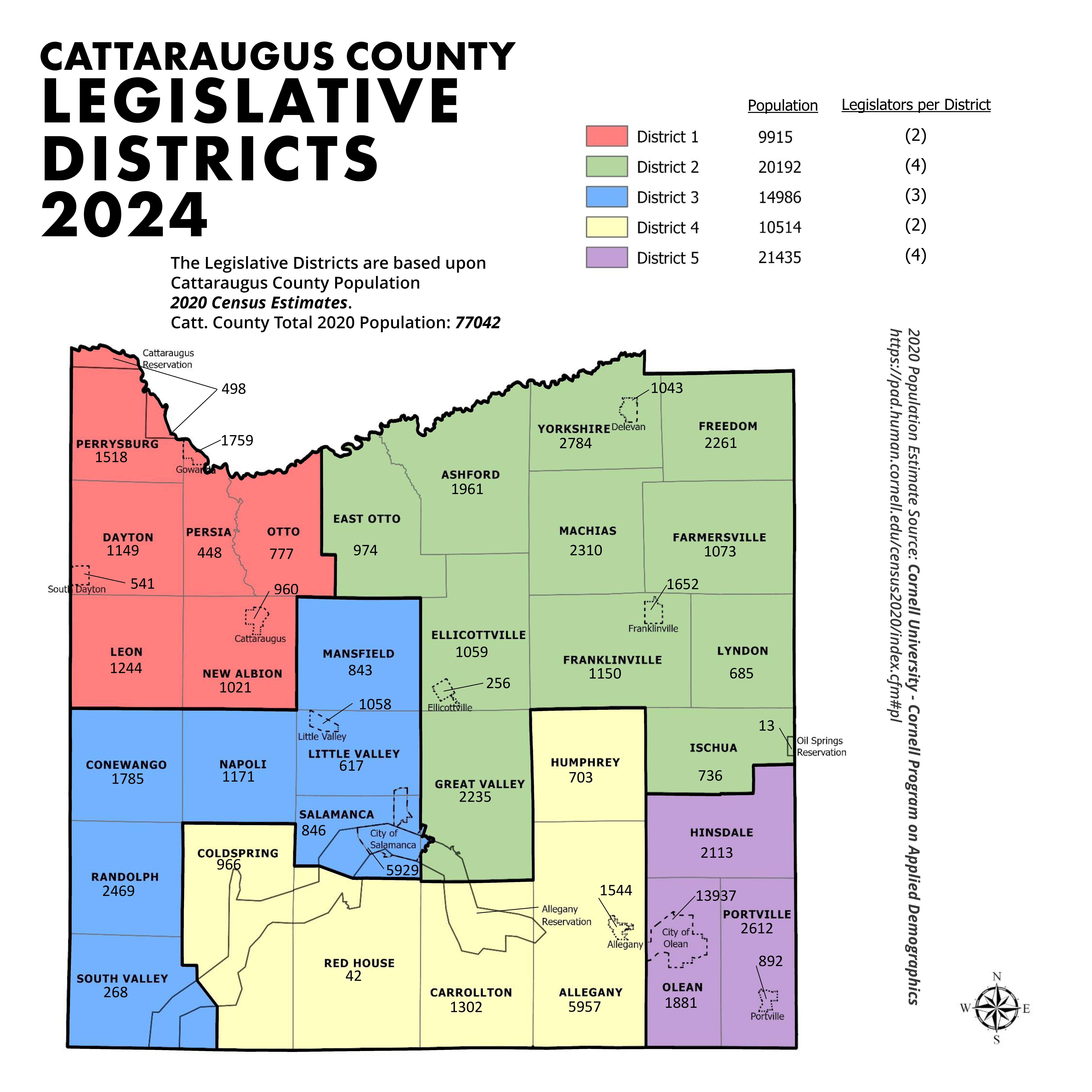 2024 Legislative Districts Map with municipal population estimates from 2020 Census