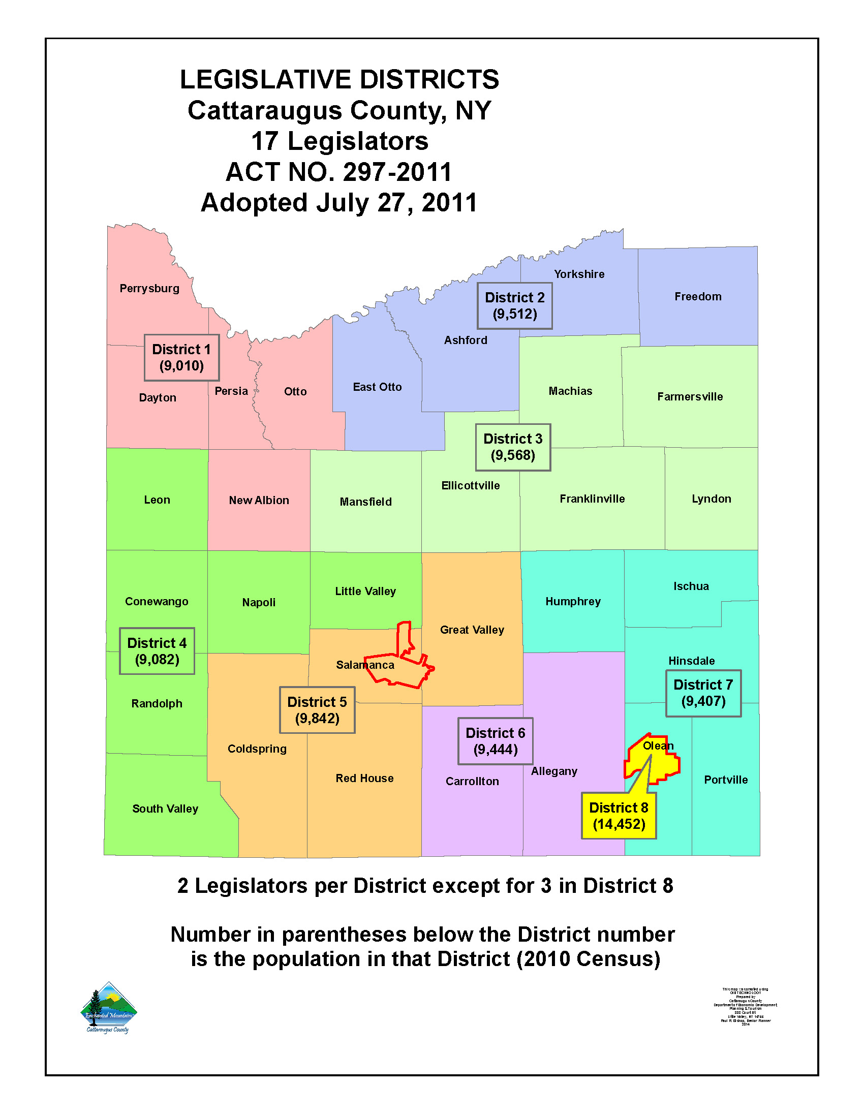 Map of 8 Legislative Districts in Cattaraugus County, New York to come into effect on January 1, 2016
