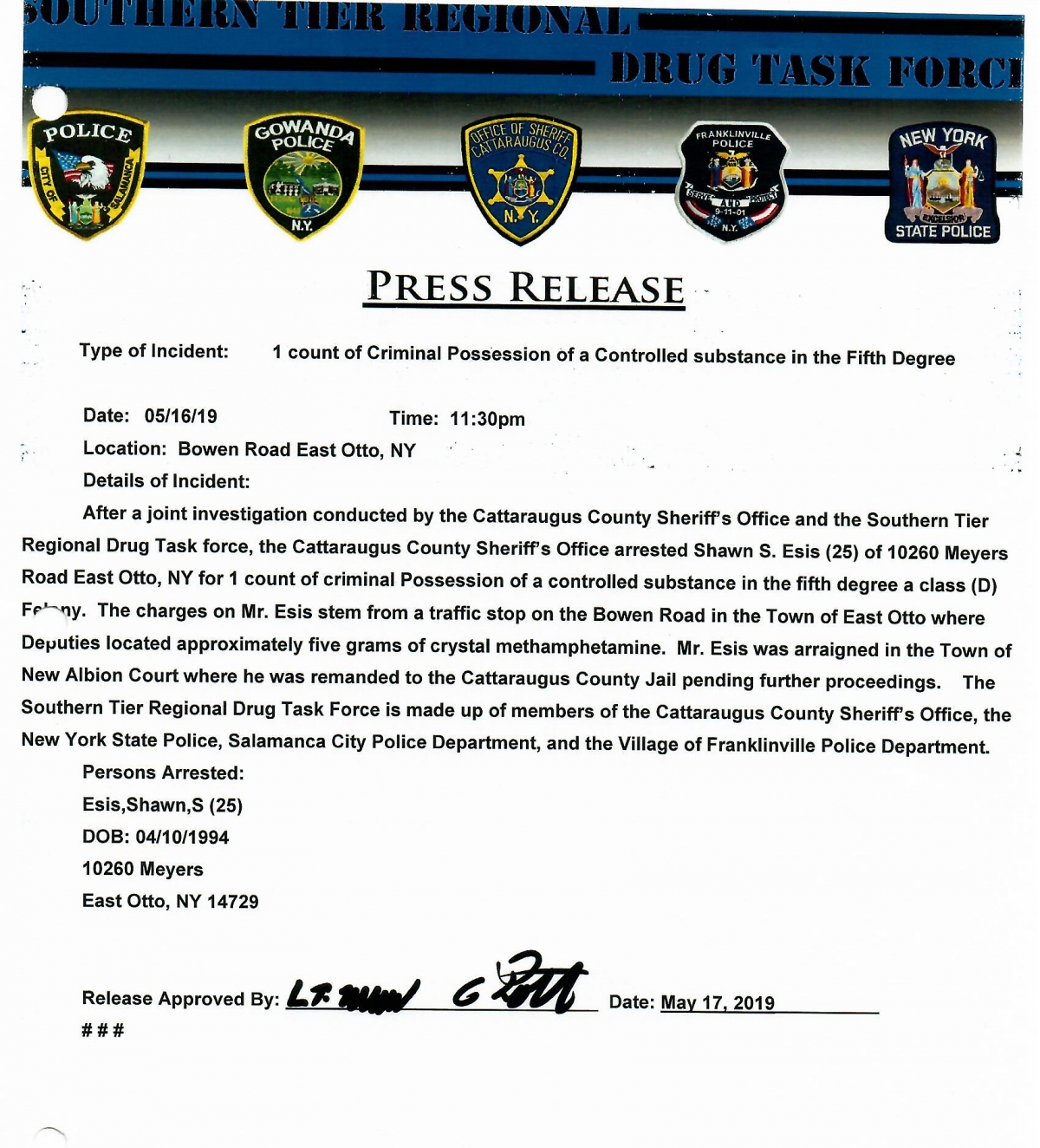 Press release from Sheriffs office about criminal possession of a controlled substance in East Otto