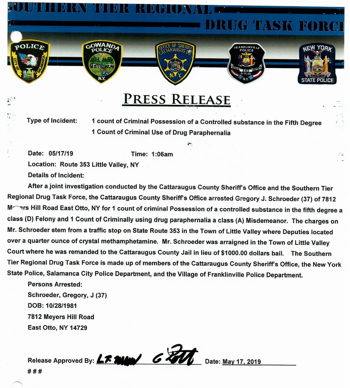 Sheriff's office press release about criminal possession of controlled substance in Little Valley